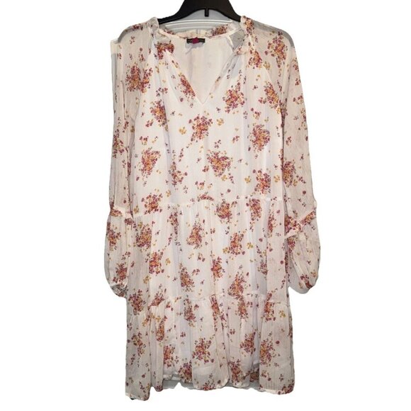 Vince Camuto Dresses & Skirts - Vince Camuto Women’s White Pink Floral Tiered Long Sleeve Lined Mini Dress Sz XL
